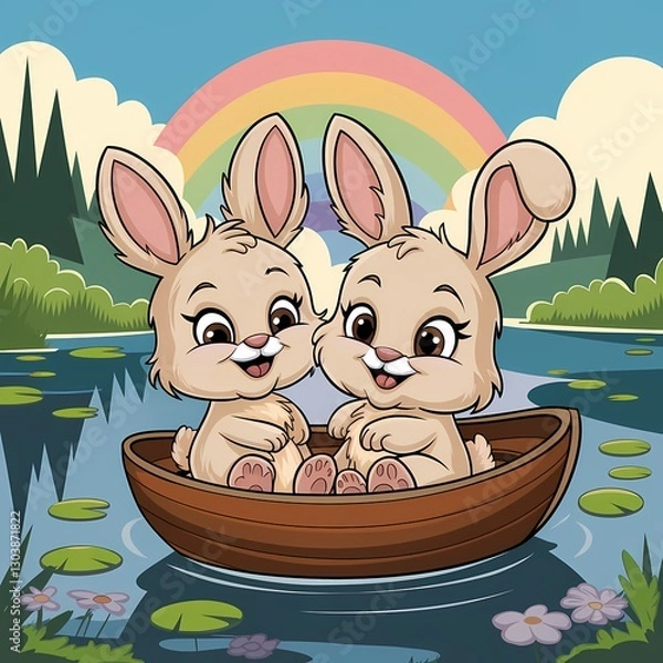 Fototapeta  Easter illustration of two bunnies in a boat