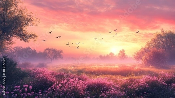 Obraz Serene Sunrise over Misty Meadow with Birds in Flight