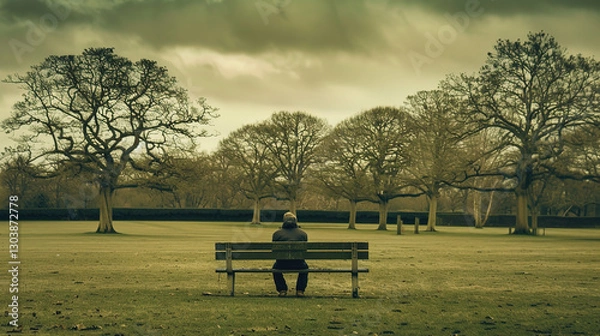 Fototapeta Solitary person sitting on park bench with head bowed, surrounded by barren trees and overcast sky, symbolizing isolation and emotional struggle. Concept of loneliness and mental health.