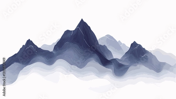 Fototapeta The image depicts an abstract representation of a mountain range.  The mountains are rendered in shades of blue and grey, with lighter areas suggesting fog or mist. The style is painterly,