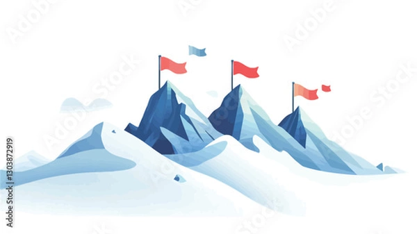 Fototapeta A stylized illustration depicting three snow-capped mountains with red and blue flags atop each peak.  The mountains are rendered in shades of blue and white, with a simplified, almost