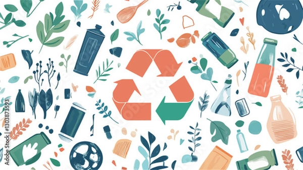 Fototapeta The image is a stylized illustration featuring a large recycling symbol at the center.  The symbol is composed of three arrows forming a triangle, rendered in shades of orange and green.