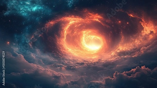 Fototapeta Fiery cosmic vortex above clouds, space background, fantasy art, game design
