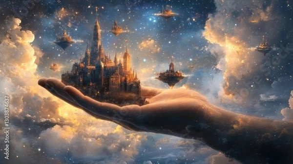 Obraz A Hand Holding a Celestial Castle and Islands