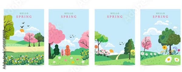 Fototapeta Spring landscape background with mountain and tree  for a4 vertical design