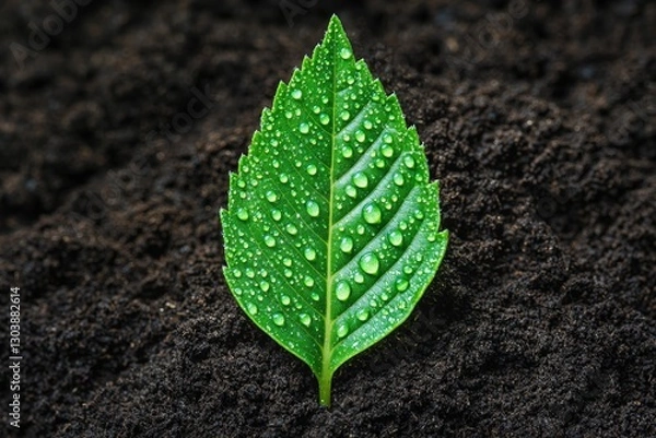 Obraz Fresh Green Leaf with Water Droplets on Dark Soil Background