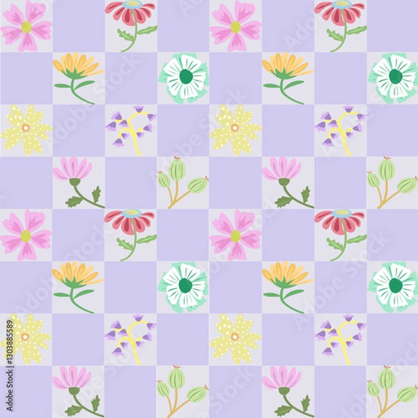 Fototapeta Checkerboard Floral Pattern, Whimsical Flower Design, Floral Checkered Repeat Pattern, Light Purple Background, Stylized Flowers on Checkerboard, Seamless Design, Colorful Floral Checker Pattern