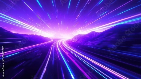 Fototapeta a purple and blue light streaks through a mountain range