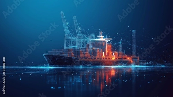 Fototapeta Low-poly wireframe illustration of a digital trade port with cargo ships and cranes, set in dark blue tones with a futuristic industrial aesthetic.