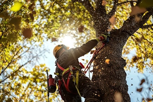 Fototapeta An arborist in a safety harness pruning a tall tree with a handsaw. The sun shines through the leaves as wood chips fall to the ground. 