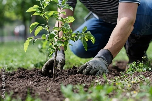 Fototapeta An arborist planting a young tree in an urban park. They carefully pat down the soil and adjust a support stake.