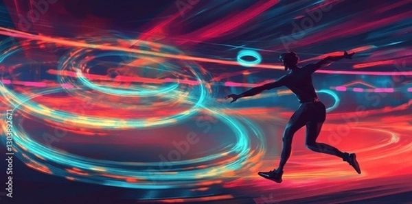 Fototapeta A Person Running With Neon Lights Swirling Around The Figure