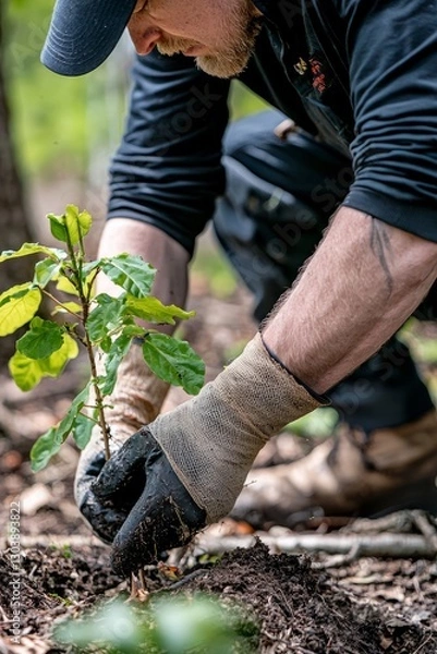 Fototapeta A tree care expert installing a protective wrap around a young sapling. They carefully secure it to prevent damage from animals. 