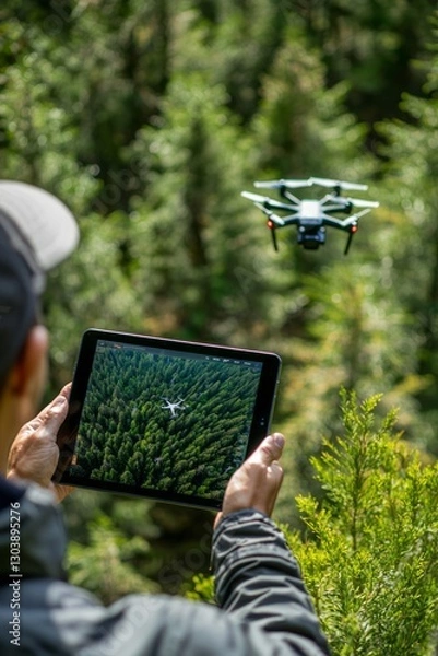 Fototapeta A tree expert using a drone to survey a large forested area. The tablet screen shows a birdâ€™s-eye view of the trees below. 
