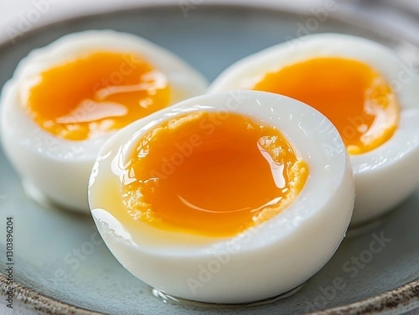Fototapeta 半熟卵のとろりとした黄身が美しいクローズアップ | Close-Up of Soft-Boiled Eggs with Runny Yolks