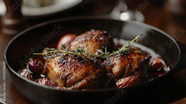 Fototapeta Rustic and Beautiful Presentation of Coq au Vin in Cast Iron Pan with Fresh Herbs