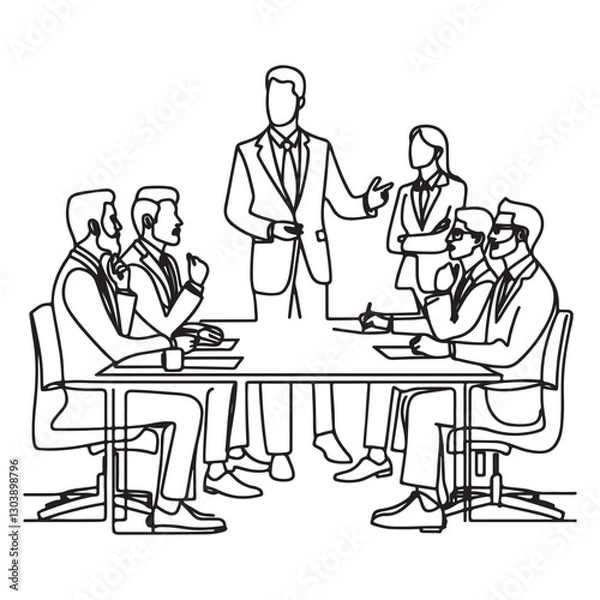Fototapeta continuous one single black line art doodle drawing of Executive leading a team meeting in a conference room illustration