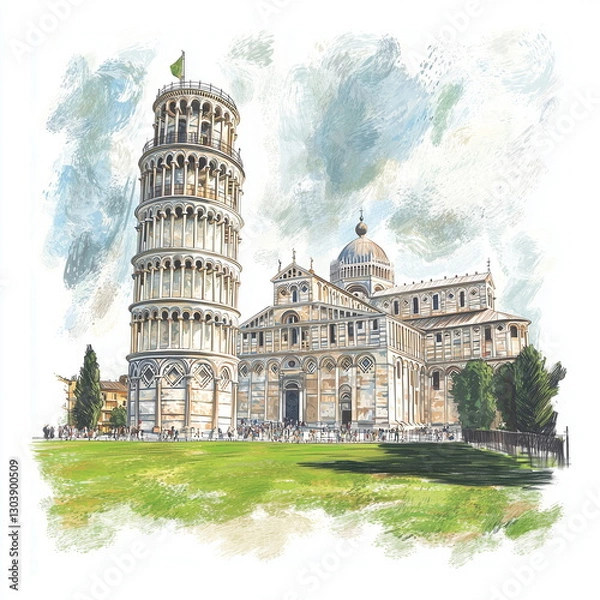 Fototapeta A detailed pencil drawing style illustration of the Leaning Tower of Pisa, Italy. A painting with the concept of travel, tourism, landmarks, history, and architecture.