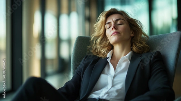 Fototapeta Exhausted businesswoman leans back in chair, eyes closed, searching peace after difficult day at work. She is tired and needs break