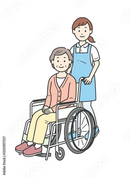 Fototapeta 車椅子の高齢女性と介助ををする人物イラスト