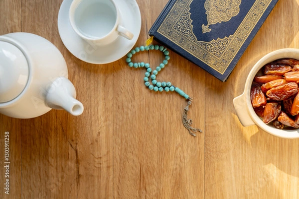 Obraz Many Date Palms are on bowls, plates, a cup of water, and the Quran, islamic style lamps on wooden tables, to wait for the time of Iftar, with the concept of ramadan Muslims around the world.