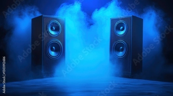 Fototapeta Stereo Speakers in Blue Mist: Immersive Sound Experience