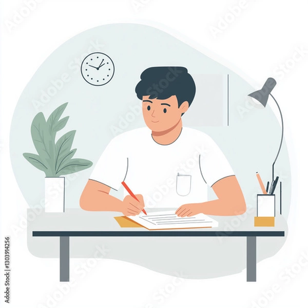 Fototapeta モダンな学習環境、観葉植物と本に囲まれたデスクで勉強する男性のイラスト