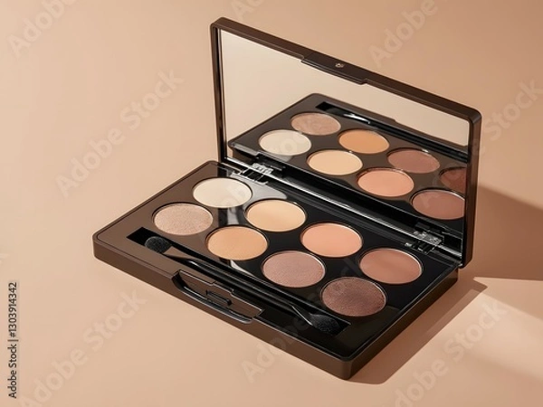 Obraz Slightly open luxury nude eyeshadow palette on a nude background, neutral brown tones. Professional multicolor eye shadow palette. Beauty product concept and makeup cosmetics