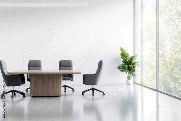 Fototapeta panoramic shot of sleek modern office space with elegant conference table and plush chairs softly illuminated by natural