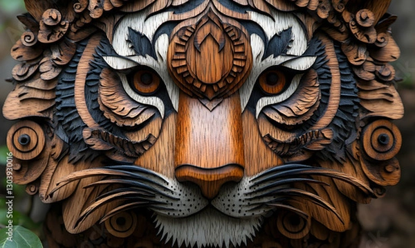 Fototapeta Intricate wooden tiger sculpture showcasing detailed craftsmanship amidst a lush green background