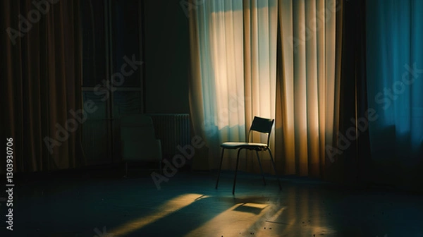 Fototapeta Solitary person sitting on park bench with head bowed, surrounded by barren trees and overcast sky, symbolizing isolation and emotional struggle. Concept of loneliness and mental health.