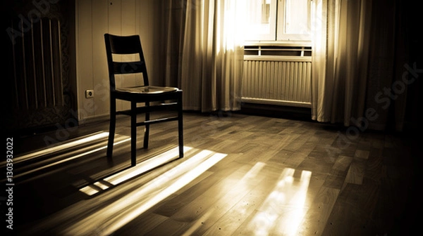 Obraz Solitary person sitting on park bench with head bowed, surrounded by barren trees and overcast sky, symbolizing isolation and emotional struggle. Concept of loneliness and mental health.