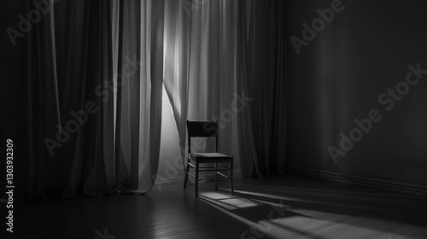 Fototapeta Solitary person sitting on park bench with head bowed, surrounded by barren trees and overcast sky, symbolizing isolation and emotional struggle. Concept of loneliness and mental health.
