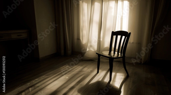 Obraz Solitary person sitting on park bench with head bowed, surrounded by barren trees and overcast sky, symbolizing isolation and emotional struggle. Concept of loneliness and mental health.