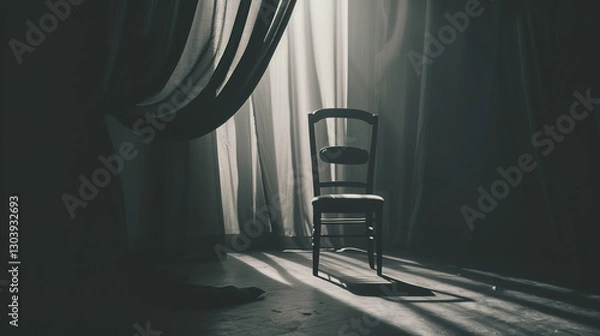 Fototapeta Solitary person sitting on park bench with head bowed, surrounded by barren trees and overcast sky, symbolizing isolation and emotional struggle. Concept of loneliness and mental health.