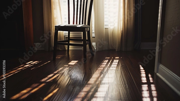 Fototapeta Solitary person sitting on park bench with head bowed, surrounded by barren trees and overcast sky, symbolizing isolation and emotional struggle. Concept of loneliness and mental health.