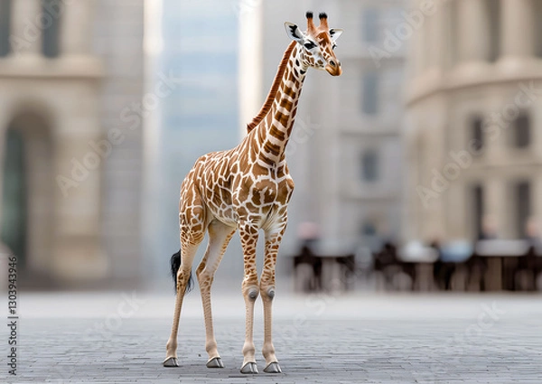 Obraz Giraffe in Urban Oasis: a striking giraffe stands serenely amidst the architectural grandeur of a modern cityscape, a juxtaposition of nature and civilization.