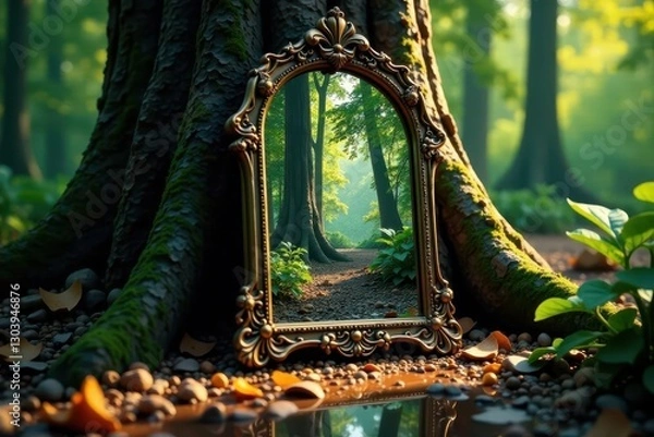 Fototapeta Ancient mirror, distorted reflection, shadowed forest, mirror, depth, reflection