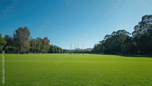 Obraz A wide-angle view of an empty rugby pitch, clear blue sky above and lush green grass stretching to the horizon.
