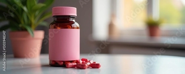 Fototapeta A bottle of hormone supplements with a soft pink cap on a table, table, pill bottles