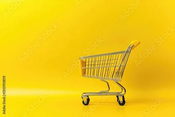 Obraz A yellow background with a shopping cart on it, in a studio shot, high-resolution photography, a high-quality photo, stock photo, stock images.
