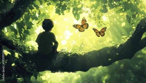 Obraz A young boy sits on the edge of an old tree branch, gazing at two butterflies flying in front of him with mesmerized eyes.