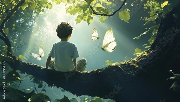 Obraz A young boy sits on the edge of an old tree branch, gazing at two butterflies flying in front of him with mesmerized eyes.
