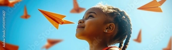 Obraz A young girl with braided hair looks up at the sky, surrounded by flying paper airplanes. The background is a clear blue, and bright sunlight highlights her joyful expression as she watches.