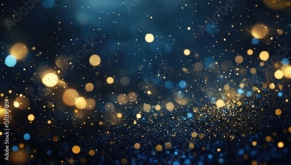 Obraz Abstract gold glitter particles on a blue background, with a bokeh effect, golden lights, and dots for a luxury design banner with a copy space area.