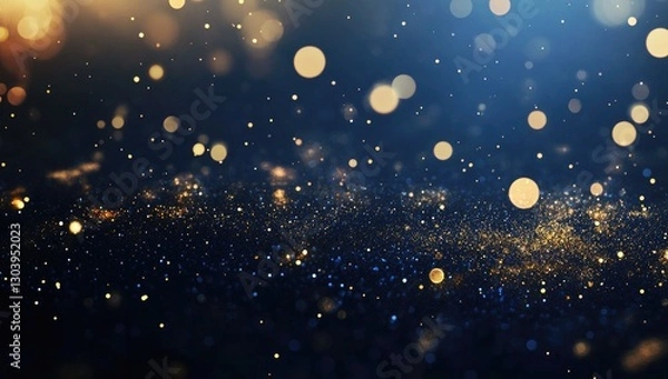 Obraz Abstract gold glitter particles on a blue background, with a bokeh effect, golden lights, and dots for a luxury design banner with a copy space area.
