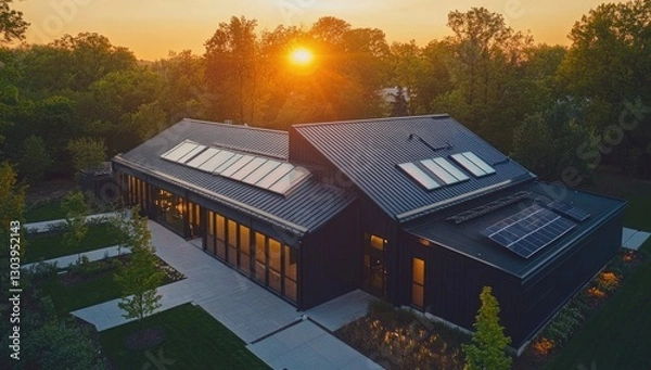 Obraz Aerial view of a modern black-roofed building with skylights and solar panels at sunset, showcasing energy efficiency in commercial architecture.