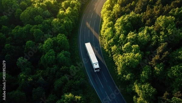 Obraz Aerial view of a white truck driving on a highway road in a green forest or nature park. Concept for business, transport, and harmony with the environment.