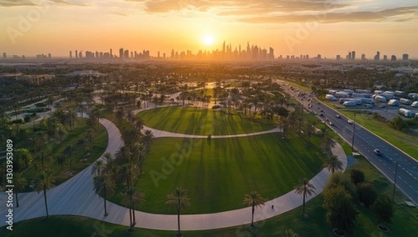 Obraz An aerial view of the large park. The photo shows an open field with grass and trees on one side,