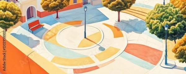 Fototapeta Expressionist public plaza with bold colors and forms flat design top view community theme cartoon drawing colored pastel